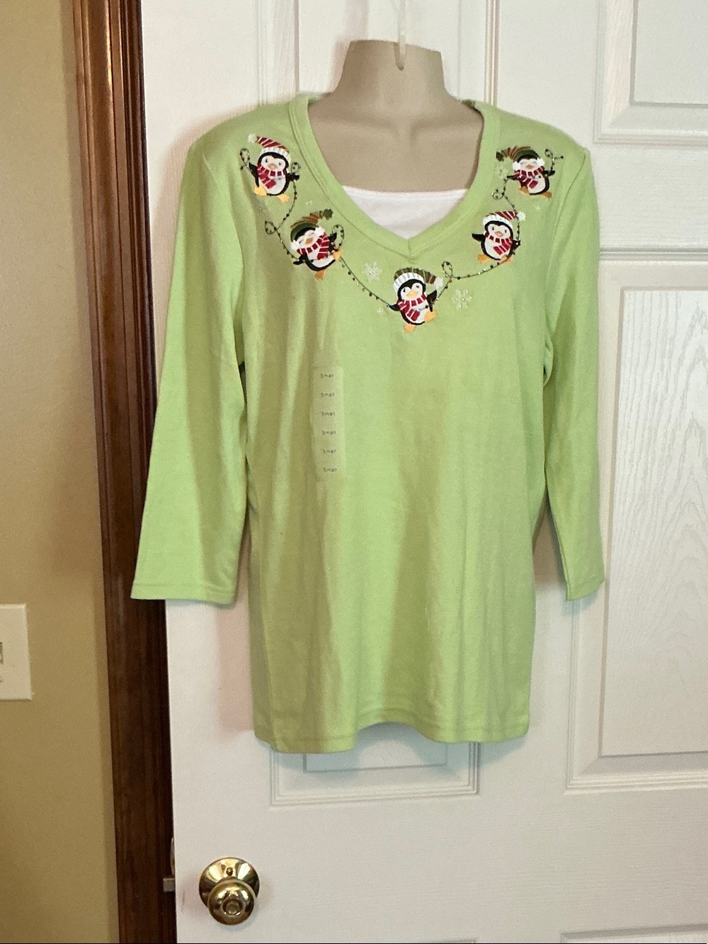 Women’s Light Green Holiday Penguin Embroidered V-Neck Long Sleeve Top